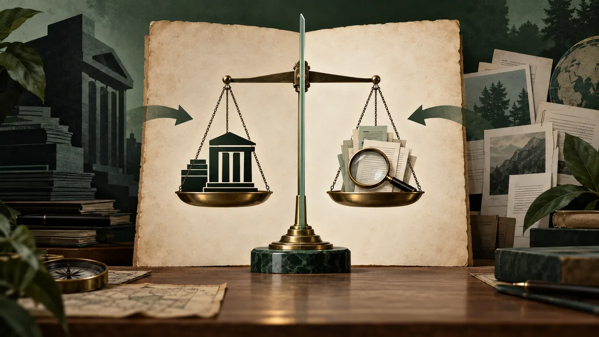 A brass balance scale stands before an open parchment sheet, with a building icon and stacked documents with a magnifying glass in its pans; large arrows point toward the pans.