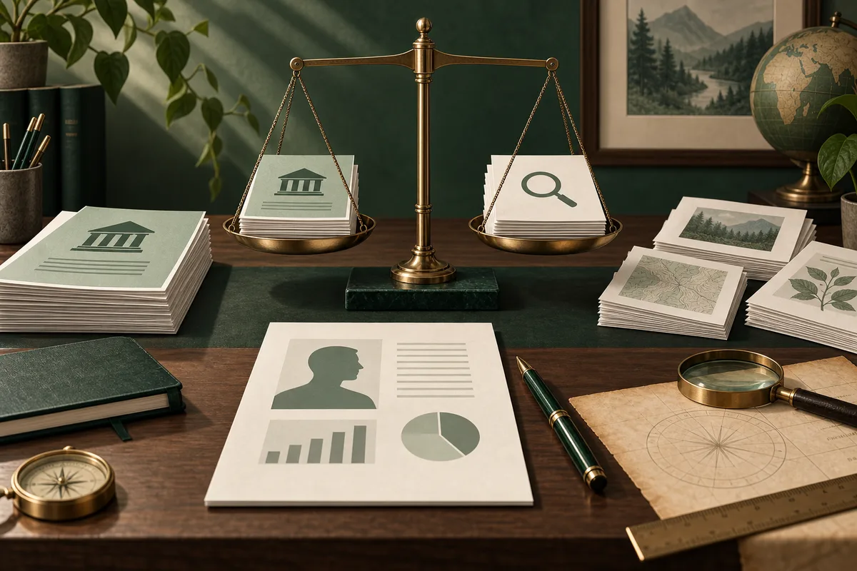 A brass balance scale holds papers with a building icon and a magnifying-glass icon, while a desk below displays a profile silhouette, bar and pie charts, maps, photographs, a compass, and a ruler.