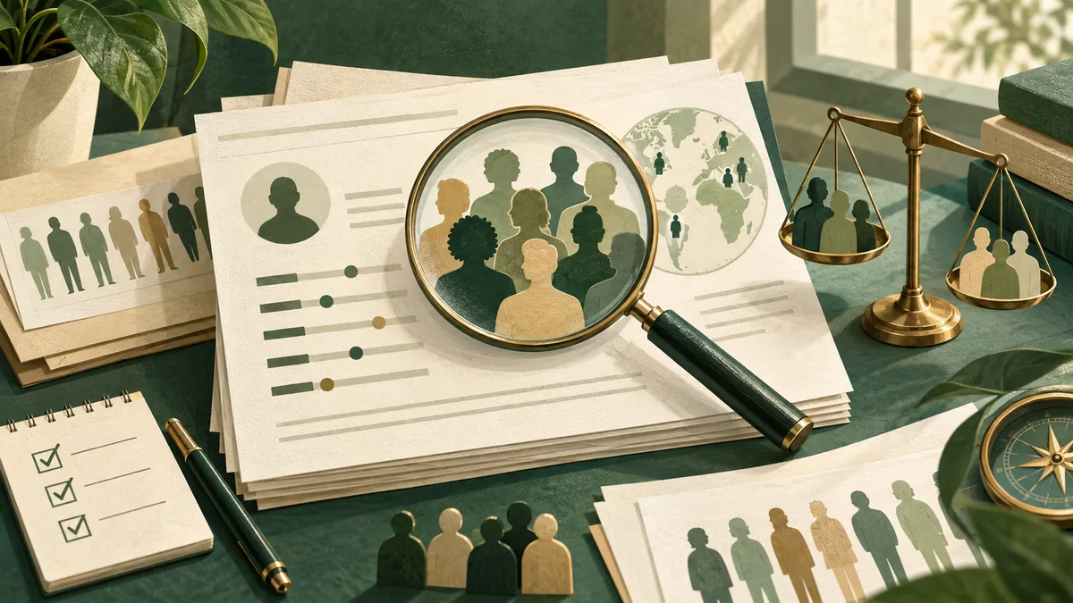 A magnifying glass rests over illustrated profile silhouettes on papers beside a balance scale, a world map, and a compass.
