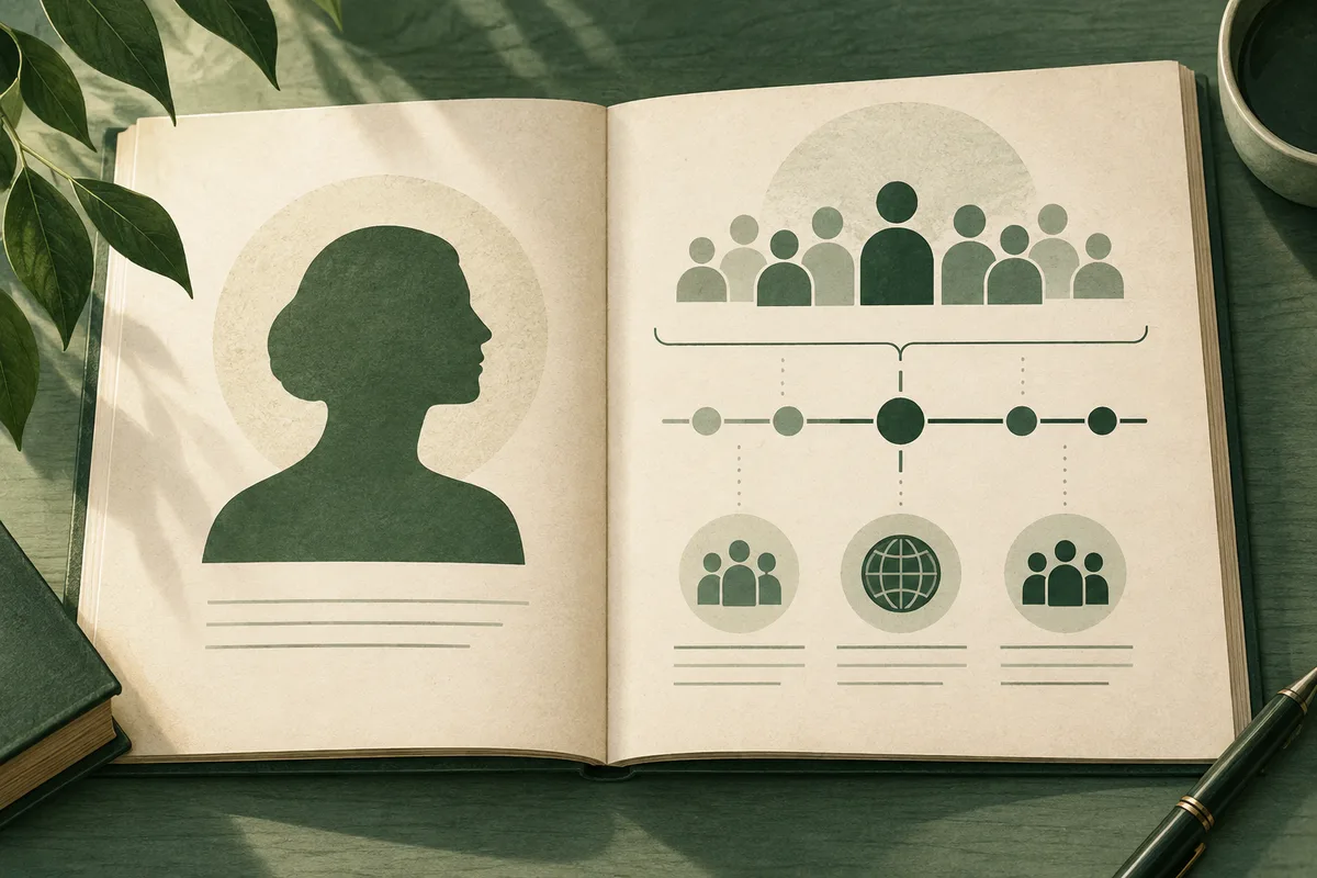 An open book shows a head-and-shoulders silhouette on one page and grouped figures connected by a horizontal line on the other.