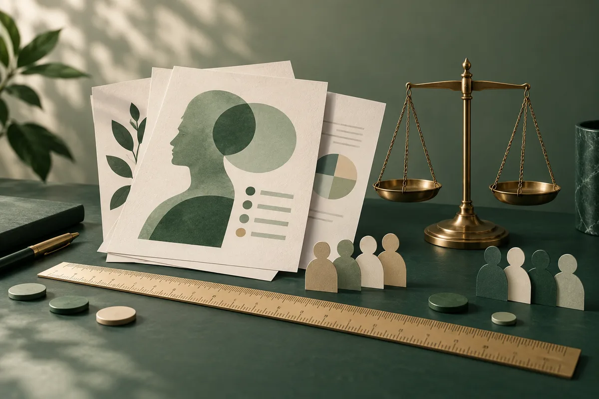Paper cards with a profile silhouette and colored circles sit beside a balance scale, a ruler, and small rows of wooden figures.