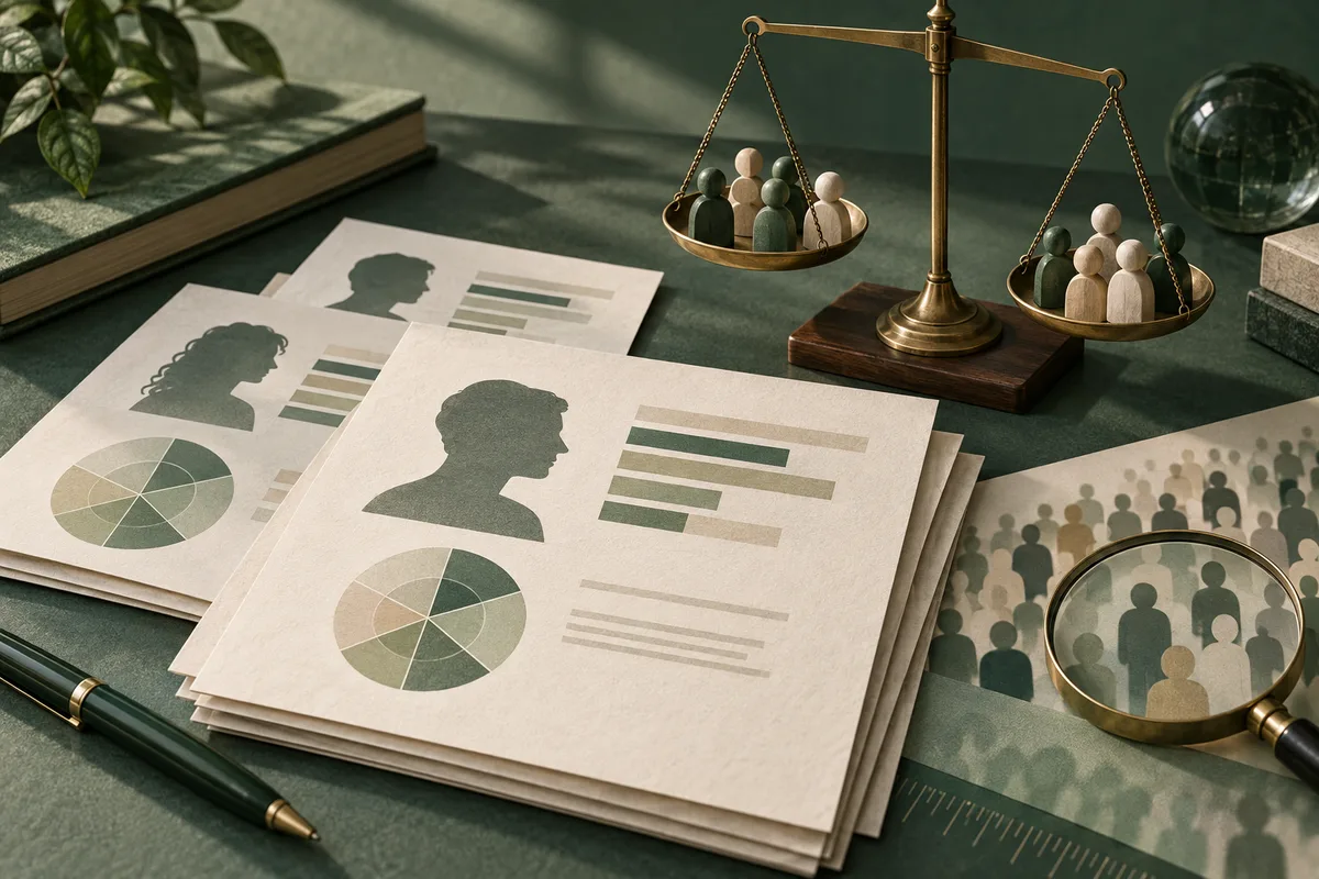 Illustrated profile sheets with pie charts and horizontal bars lie beside a balance scale and a magnifying glass over rows of silhouettes.