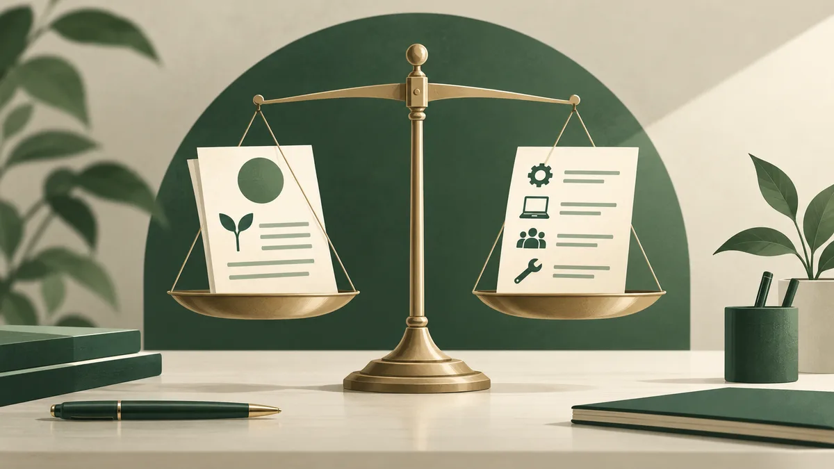A brass balance scale holds two papers: one shows a circle, sprout, and lines; the other shows gear, laptop, group, and wrench icons. Green books, a pen, and plants sit nearby.