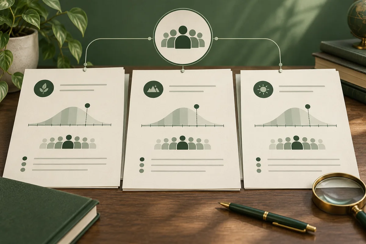 Three report sheets with bell curve graphs and rows of person icons hang beneath a group icon; a magnifying glass and pen rest on the desk.