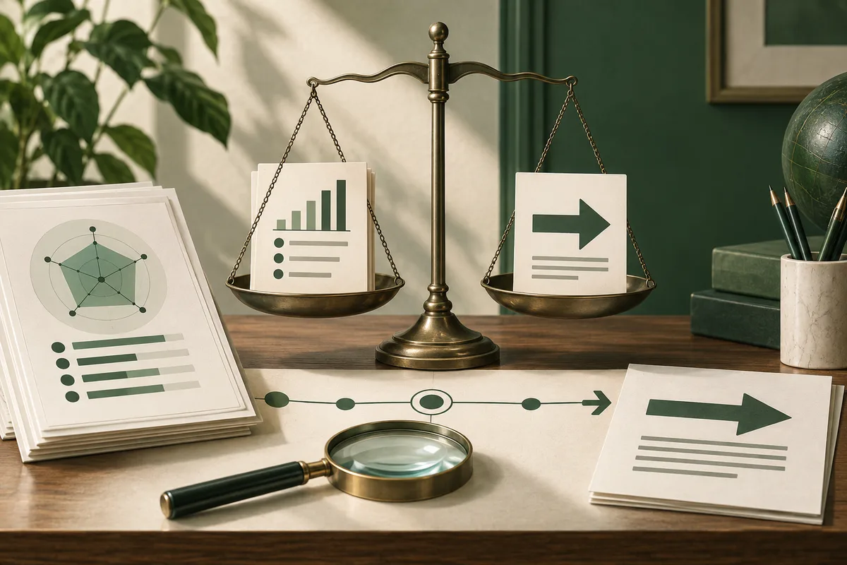 A balance scale holds a bar chart on one side and a right-pointing arrow on the other, with report pages and a magnifying glass on the desk.
