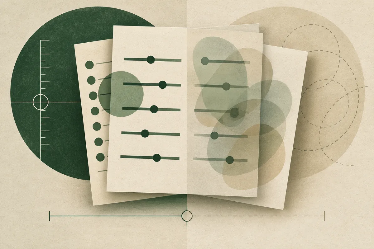 Overlapping cream report pages show green slider scales and dots, with ruler marks and circular diagrams on a dark green and beige background.
