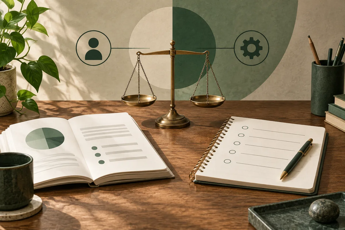 A brass balance scale sits between simple person and gear icons, above an open report and a lined notebook on a wooden desk. A plant, mug, pencil cup, books, and small stone sit nearby.