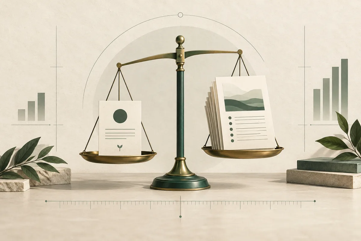 A balance scale holds a single illustrated page on one side and a stack of report pages on the other, with bar charts and leaves around it.