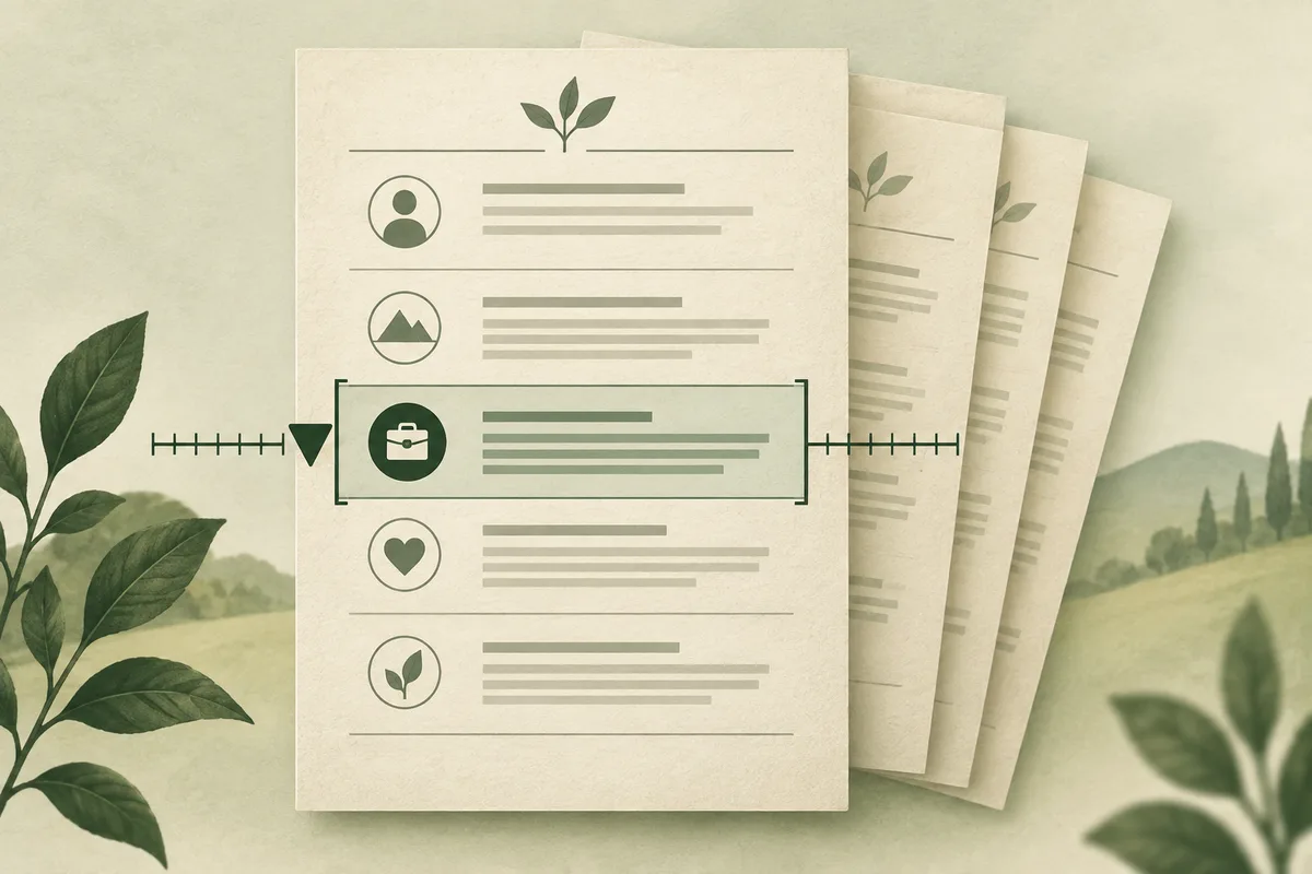 Several report pages show rows of icons and lines; a briefcase row is outlined, with a ruler-like scale running through it.