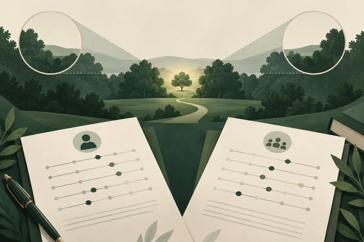 Two cream report pages with person and group icons and rows of marked scales sit before a green forest landscape with a winding path.