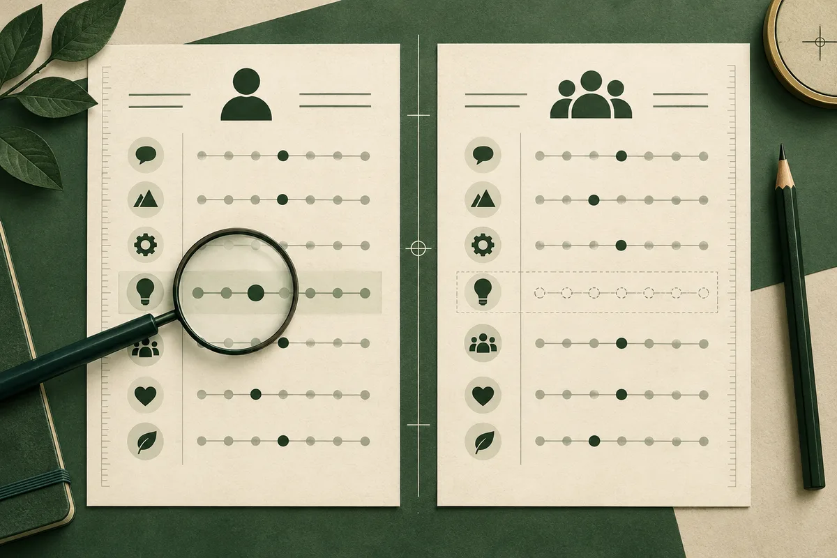 Two cream report pages show person and group icons, symbols, and rows of scale markers; a magnifying glass enlarges one row, while a row on the right page is dashed and unmarked.