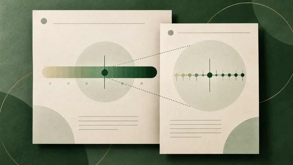Two overlapping cream report pages show a broad green gradient scale and a row of green dots on a fine scale, connected by dotted lines against a dark green background.