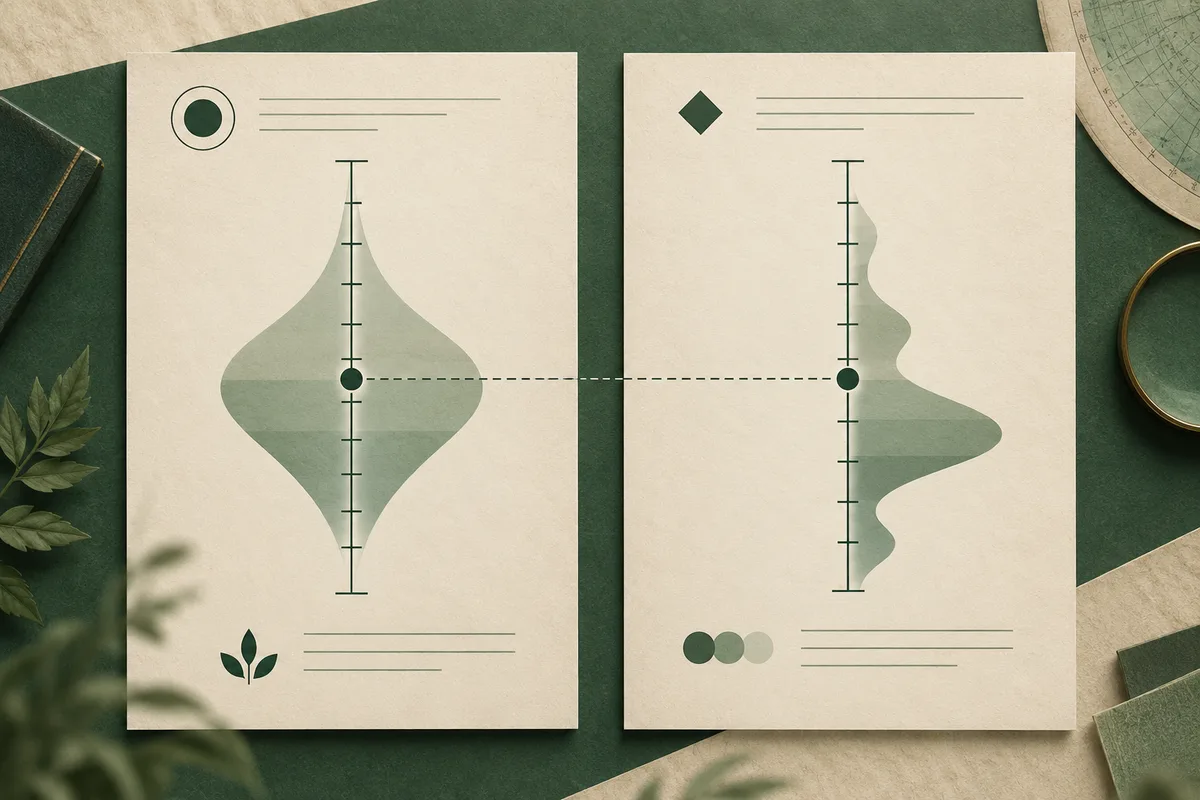 Two parchment-colored charts show different green distribution shapes along vertical scales, with marked points connected by a dashed line. A ruler, magnifying glass, and leaves sit around them on a dark green surface.