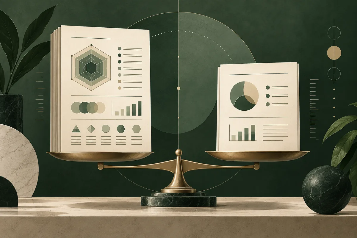 A brass balance scale holds two cream report pages with geometric charts, bars, and colored circles against a dark green background.