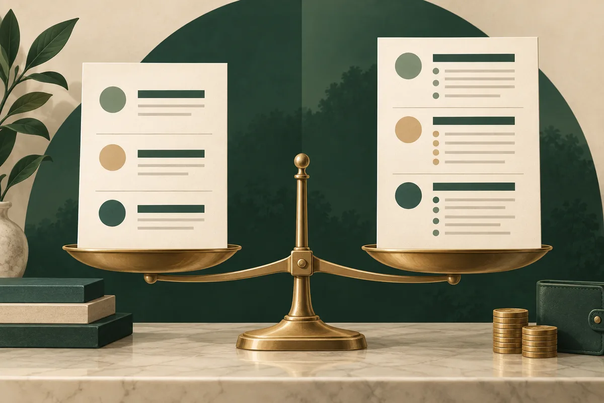 A brass balance scale holds two cream pages with colored circles and horizontal lines; stacked books and coins sit on either side.