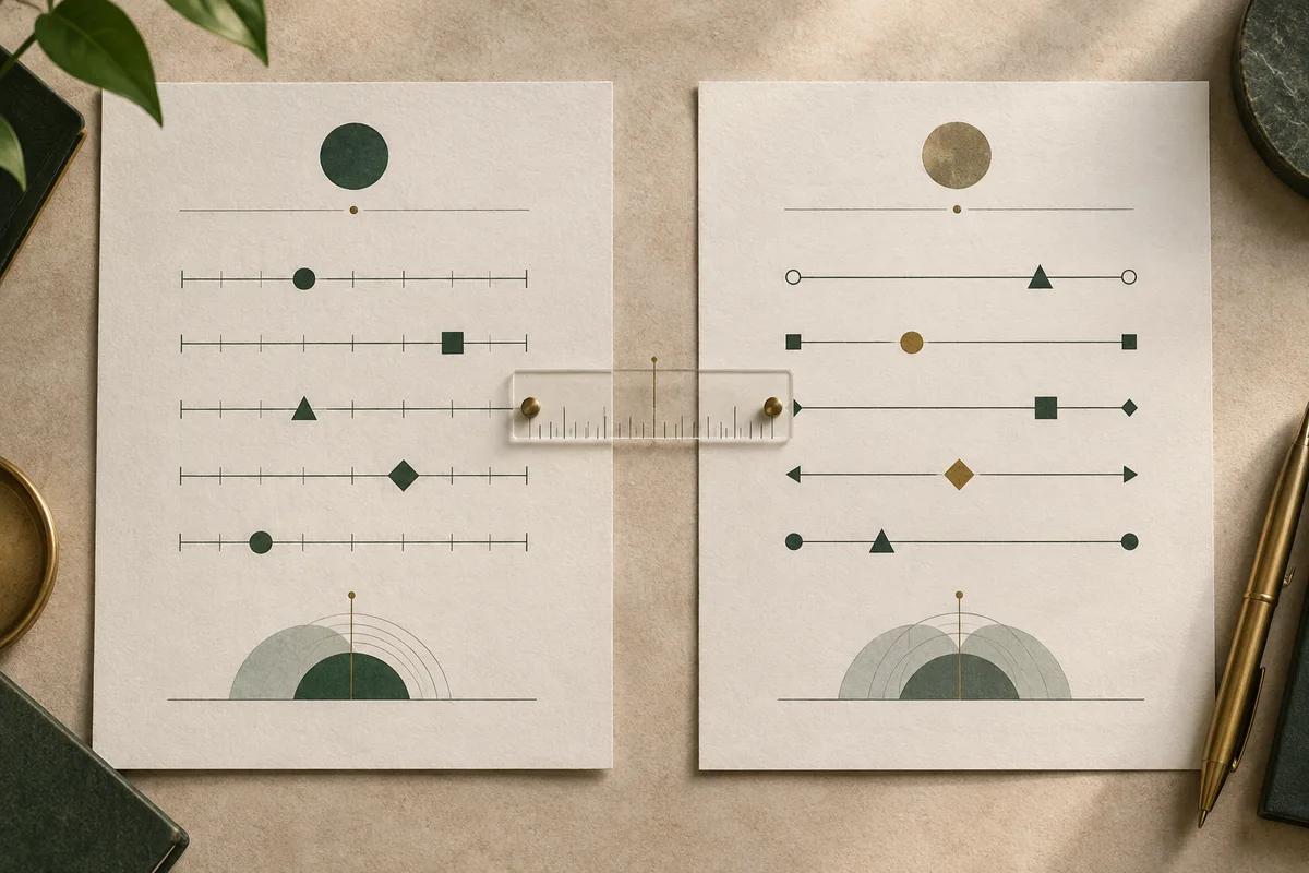 Two white sheets with rows of lines and green and ochre geometric markers sit side by side on a beige desk, with a small ruler laid across them.