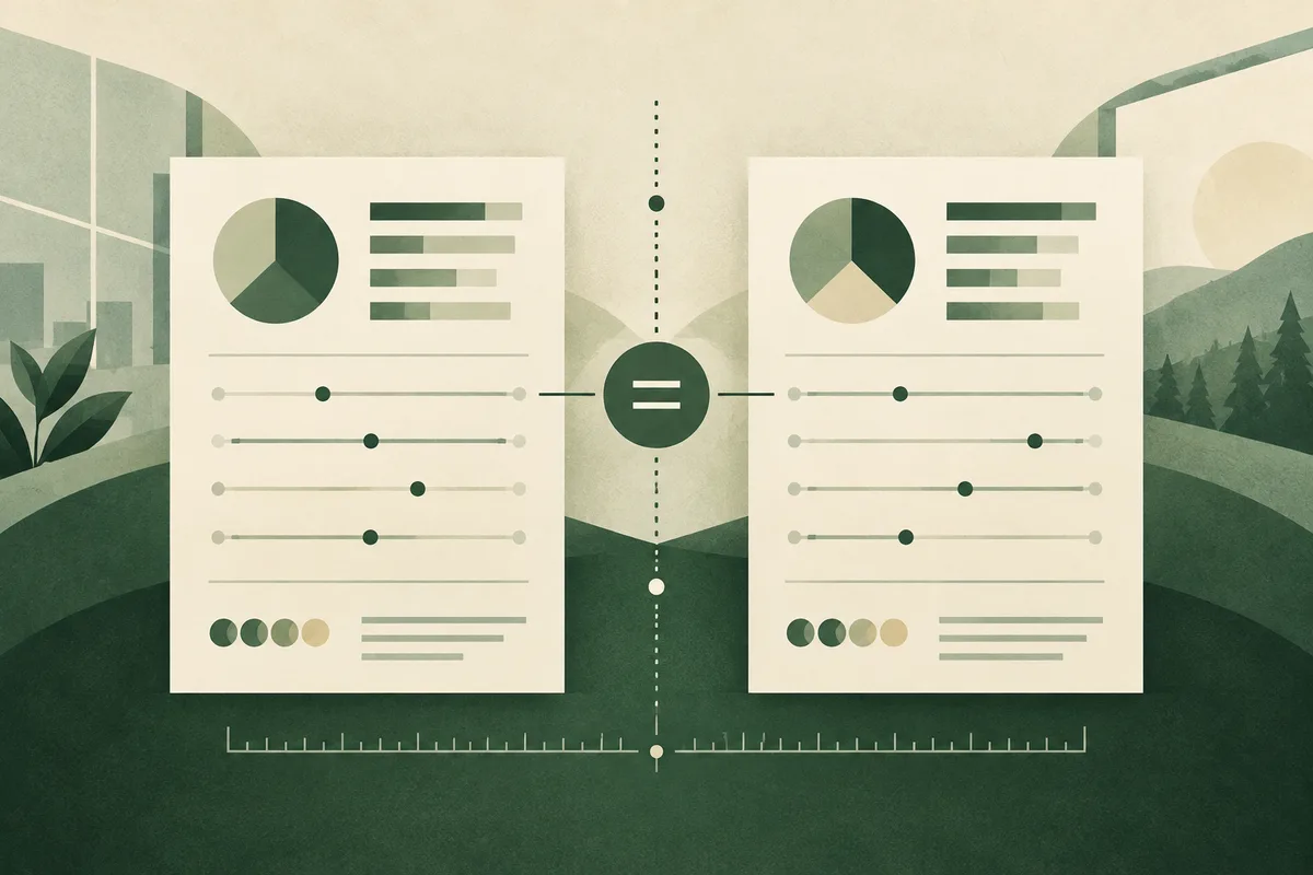 Two separate report pages with different work-context panels sit side by side under a magnifying glass, inviting comparison without implying their scores match.