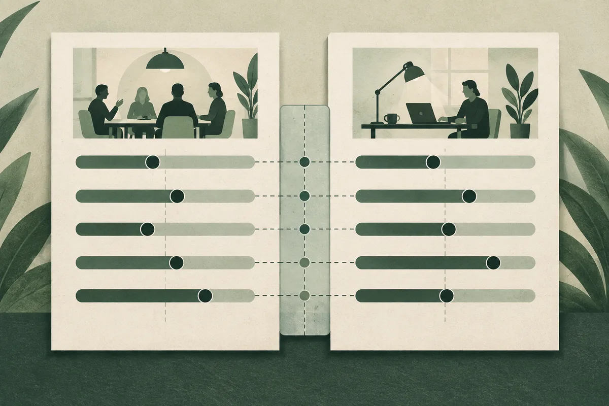 Two report panels show a group meeting and a person working at a desk above rows of comparison scales.