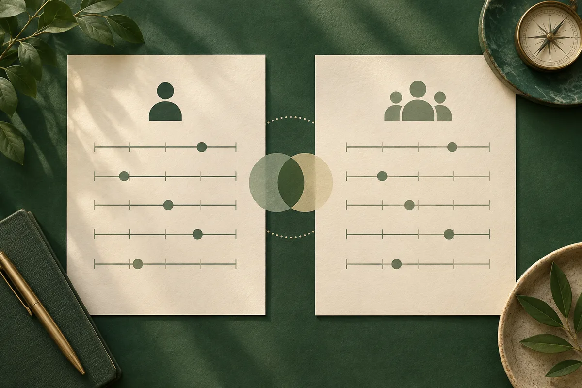 Two cream report pages show a single-person icon and a group icon above rows of horizontal scales with markers. The pages sit on a dark green background with a pencil, leaves, and a small round compass-like object nearby.