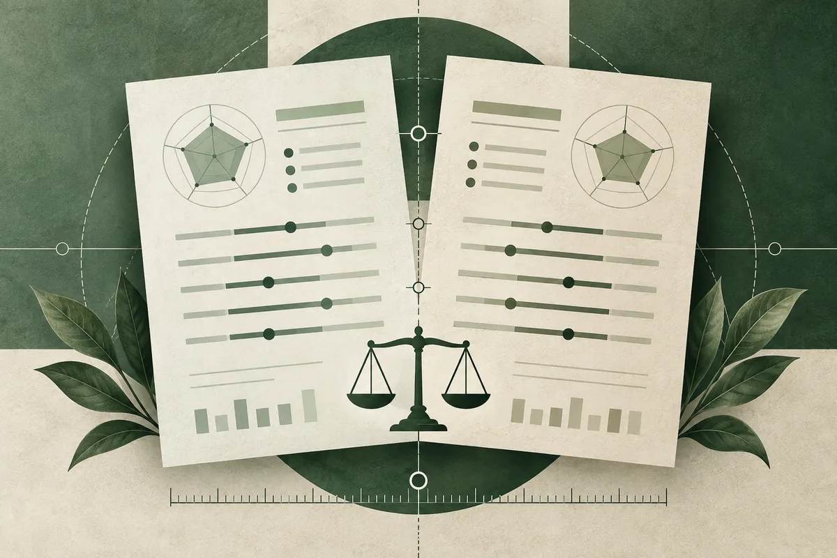 Two illustrated report pages with polygon charts, horizontal measures, bar charts, and a balance scale on a dark green and cream background.