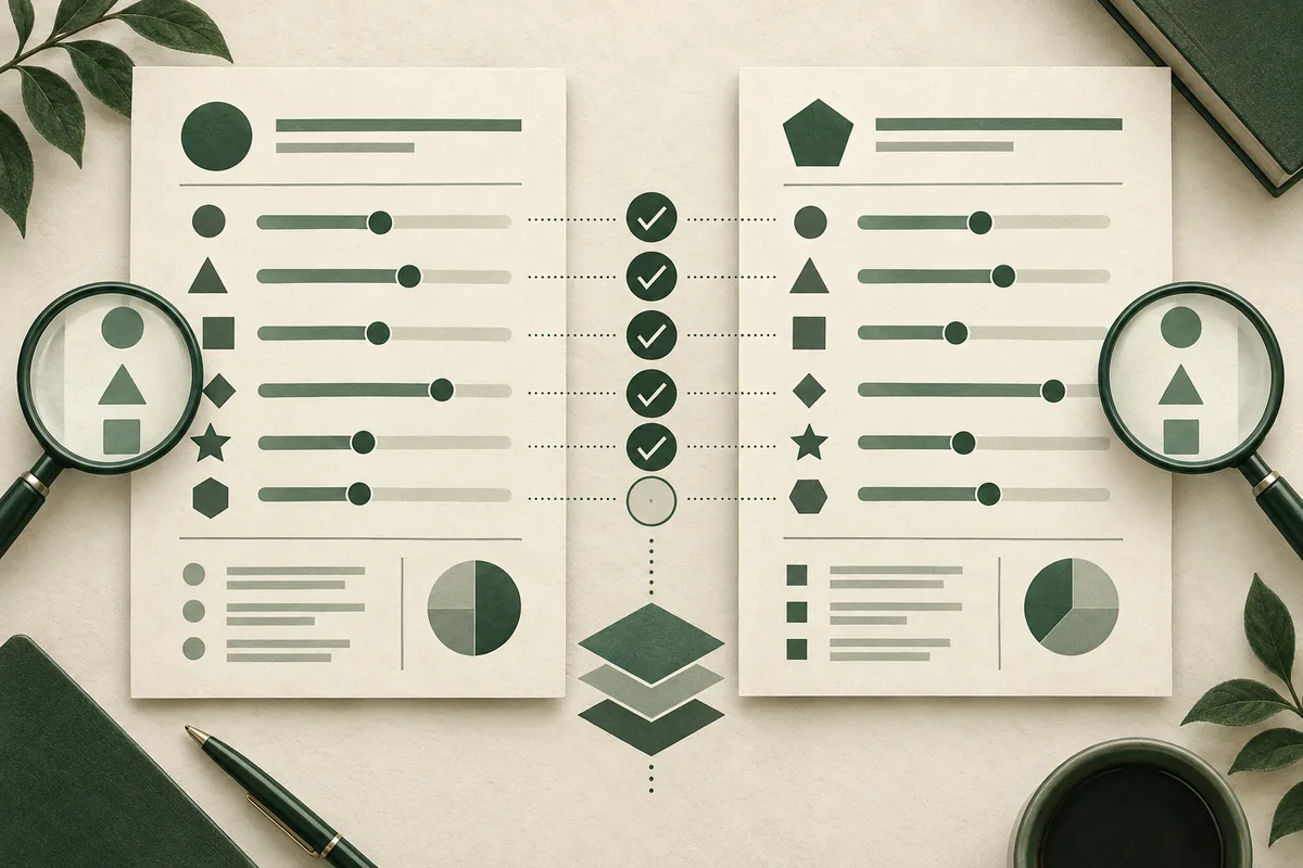 Two illustrated report pages with geometric symbols, horizontal measures, checkmarks between them, magnifying glasses, and pie charts.