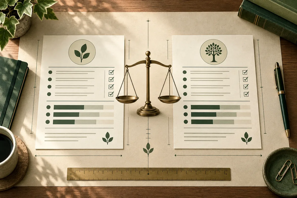 Two illustrated report pages with plant symbols, checkboxes, horizontal bar charts, and a balance scale on a desk beside a ruler.