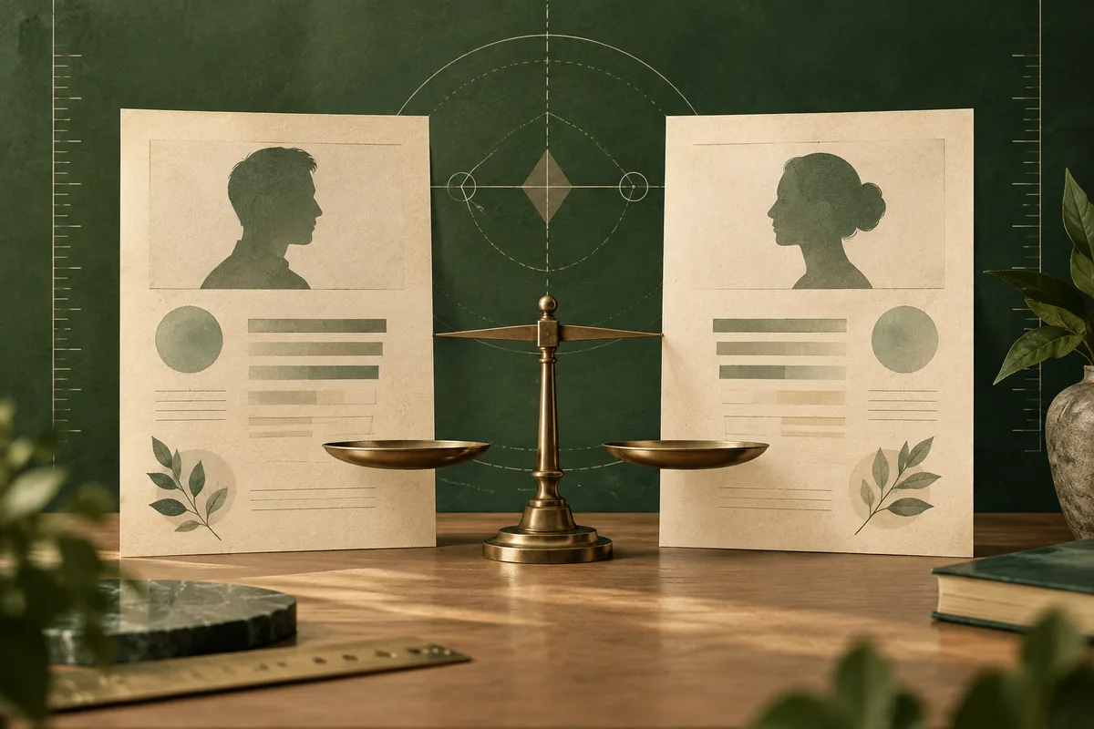 Two illustrated pages showing profile silhouettes with simple chart marks, positioned on either side of a balance scale.