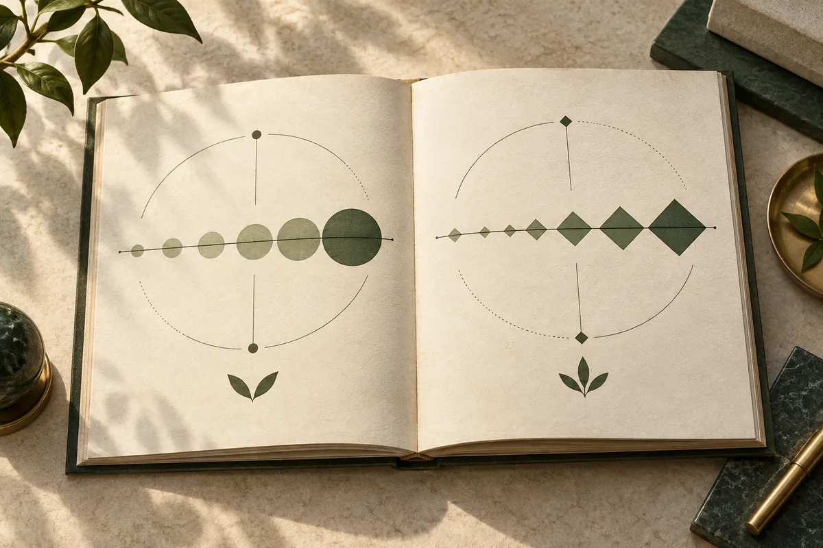 An open cream-colored book displays two diagrams of circles and diamonds growing along horizontal lines, surrounded by green leaves, a pencil, and dark books.