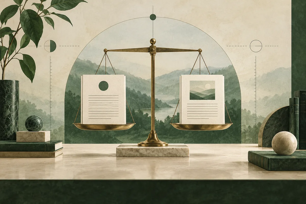 A brass balance scale holds two paper sheets, one with a green circle and one with a landscape image, against a layered mountain backdrop.