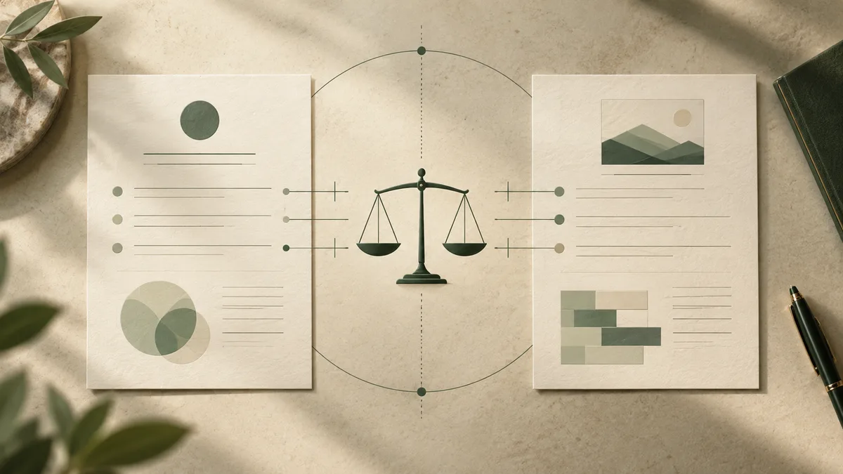 Two cream report pages with abstract charts flank a dark green balance scale on a beige surface, with leaves and a pen at the edges.