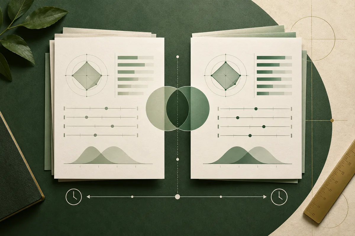 Two cream report pages on a dark green surface show matching radar charts, bar charts, slider scales, and overlapping bell curves, with a dotted line and clock icons between them.