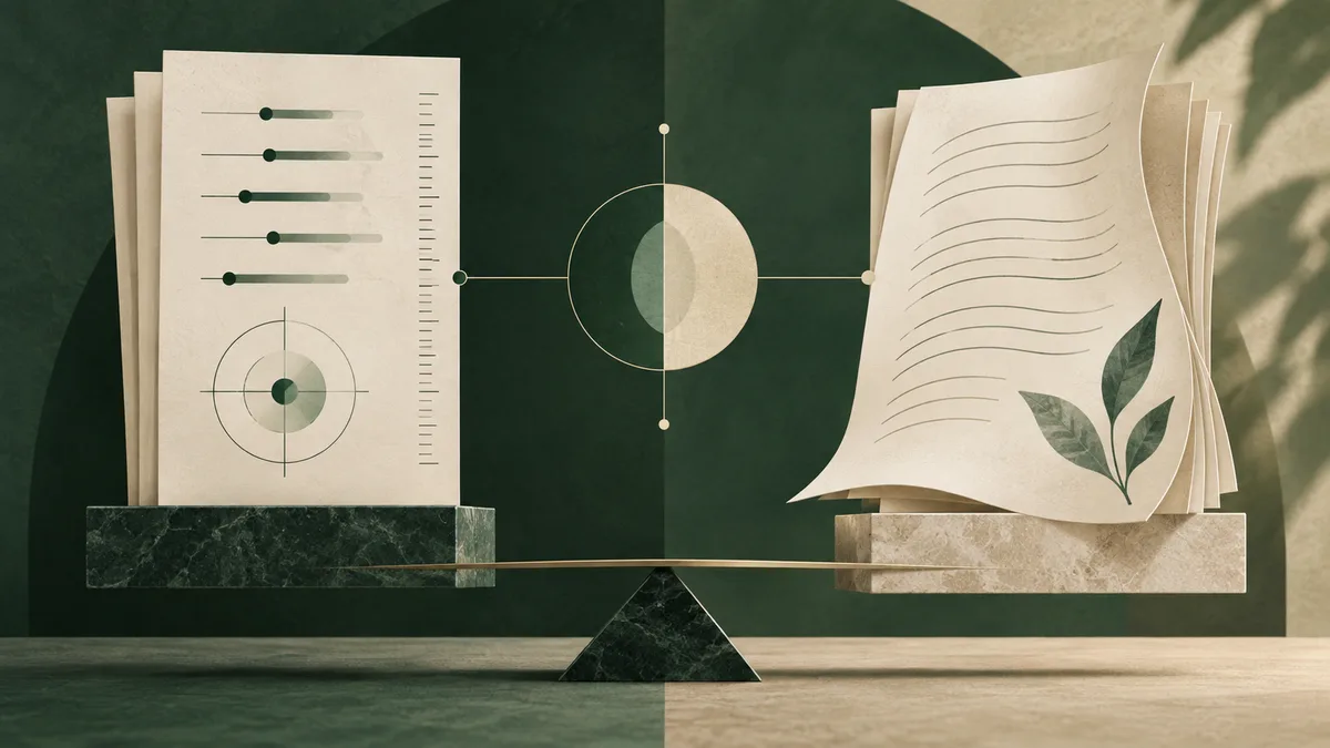 Stacked report pages show slider marks and a circular chart beside a page of curved lines and leaf shapes, with a circle connecting them.