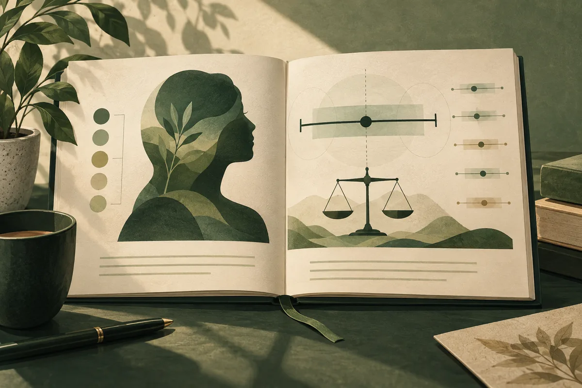An open illustrated book shows a leafy profile silhouette on one page and a horizontal line diagram with balance scales on the other, beside a potted plant, cup, and pen.