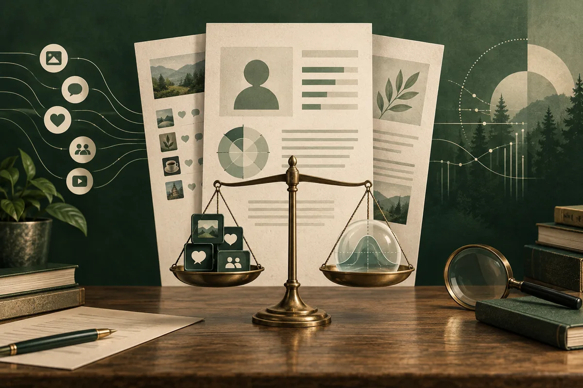 A brass balance scale stands before report pages with an abstract profile icon and chart; small social media symbols sit in one pan and a bar chart in the other.
