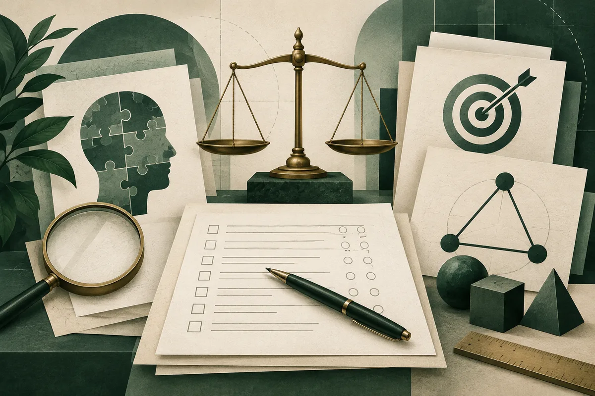 A brass balance scale stands among papers, a puzzle-piece head silhouette, a target, a three-node diagram, a checklist with a pen, a magnifying glass, geometric shapes, and a ruler.