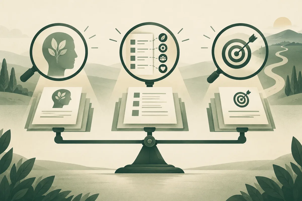 Three magnifying glasses show a head silhouette with a leaf, a checklist with leaf, gear, people, and heart symbols, and a target over a landscape; papers rest on a balance scale below.