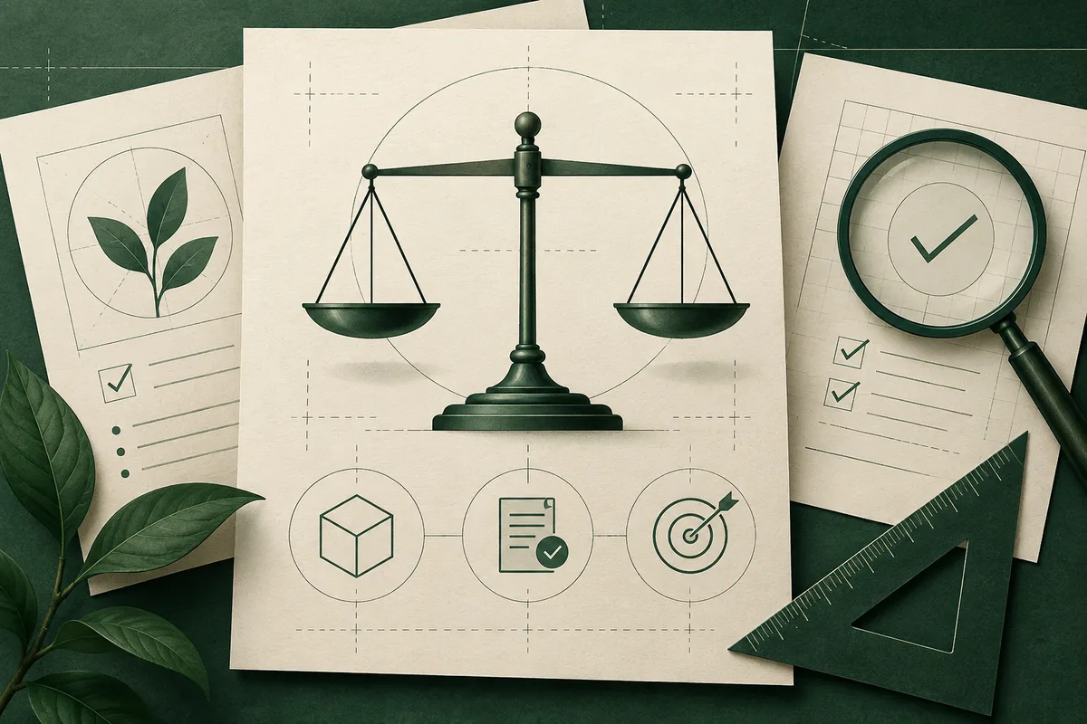 Technical-style papers display a balance scale, a leaf diagram, a check mark under a magnifying glass, checklist marks, three circular symbols, a ruler, and a triangular set square.