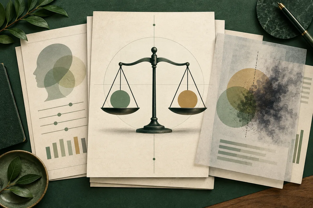 A balance scale with green and ochre circles on its pans, centered on cream report pages with abstract profile, chart, and colored bar graphics on a dark green surface.