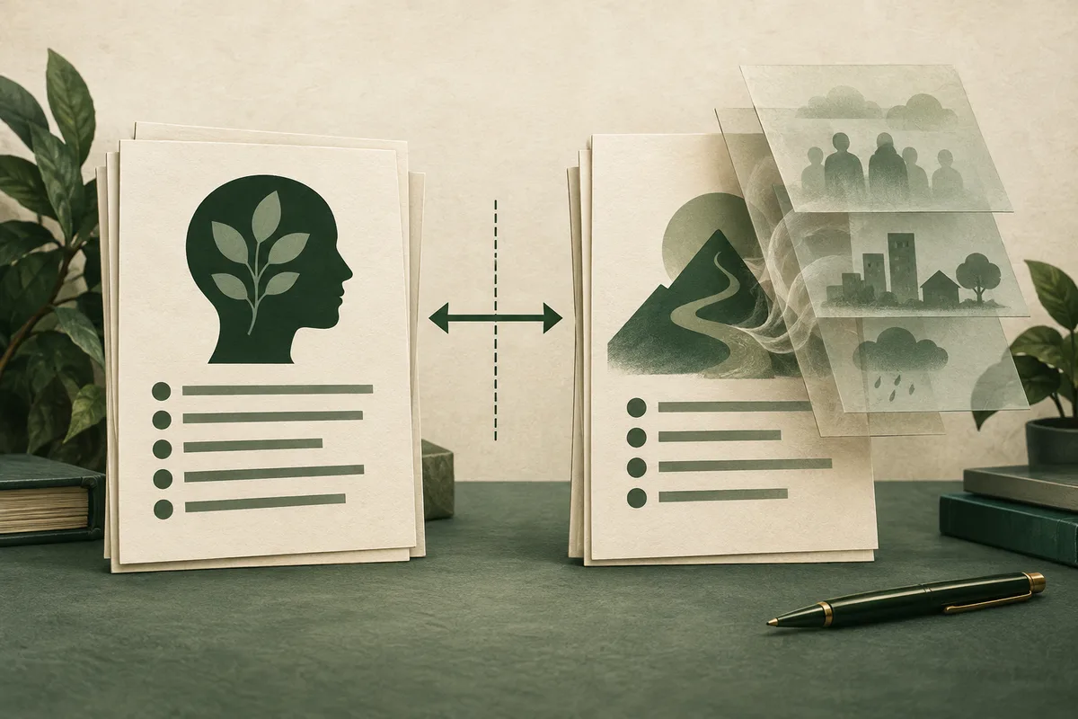 Two stacks of cream report pages face each other with a double-headed arrow between them; the left page has a leafy head silhouette, while the right page has a landscape graphic and translucent panels showing people, buildings, and weather.