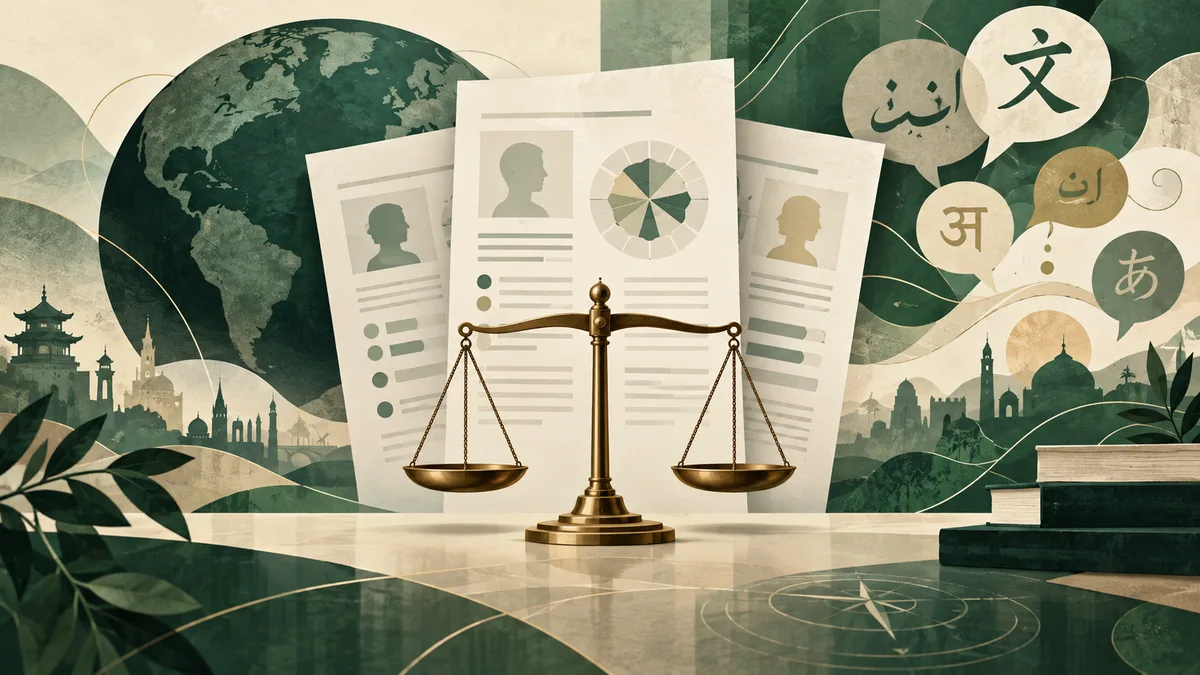 Green-and-cream illustration of a globe behind three report pages with profile silhouettes and a circular chart, balanced scales in front, speech bubbles with writing symbols, distant buildings, and stacked books.