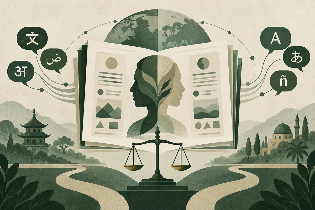 Open illustrated report showing two overlapping profile silhouettes with a leafy pattern, balanced scales below, speech bubbles with assorted writing symbols, and distant pagoda and domed buildings.
