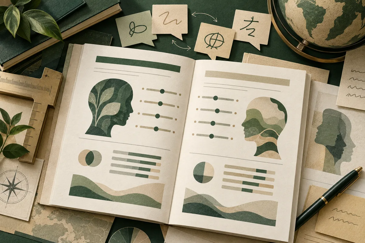 Open illustrated report on a desk with profile silhouettes, dot-and-line charts, and colored bar shapes, surrounded by symbol cards, a globe, a pen, a ruler, books, and leaves.