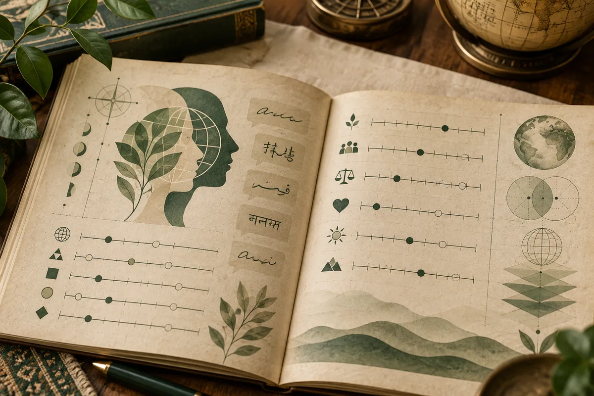 Open aged notebook showing overlapping profile silhouettes with leaves, rows of marked scales, small geometric and nature icons, circular diagrams, layered hills, books, globes, and plants.