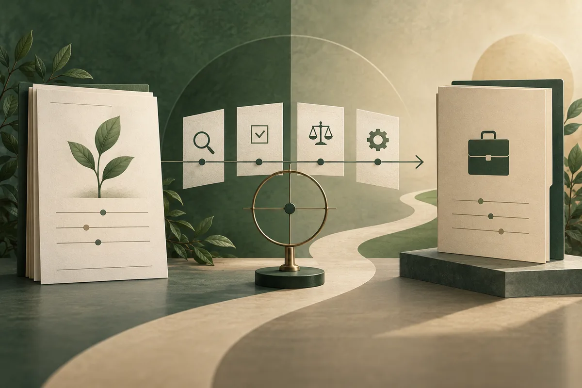 A magnifying glass stands on a path between report pages, with a row of search, check, balance, and gear icons connecting to a briefcase.