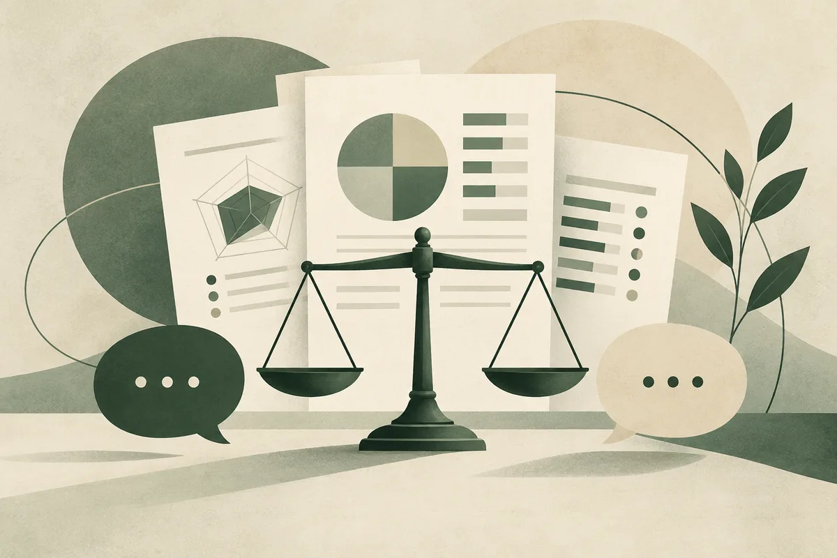 A balance scale stands in front of pages with charts, between two speech bubbles and a leafy branch.