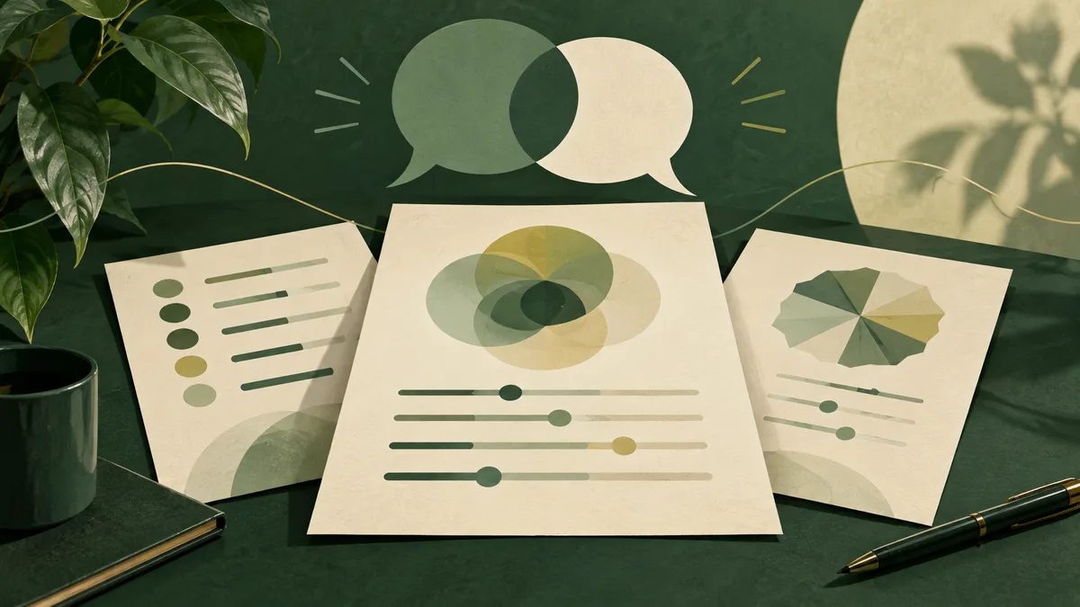 Three cream report pages with colored charts and horizontal scales sit on a dark green desk beneath two overlapping speech bubbles; a leafy plant and pen frame the scene.