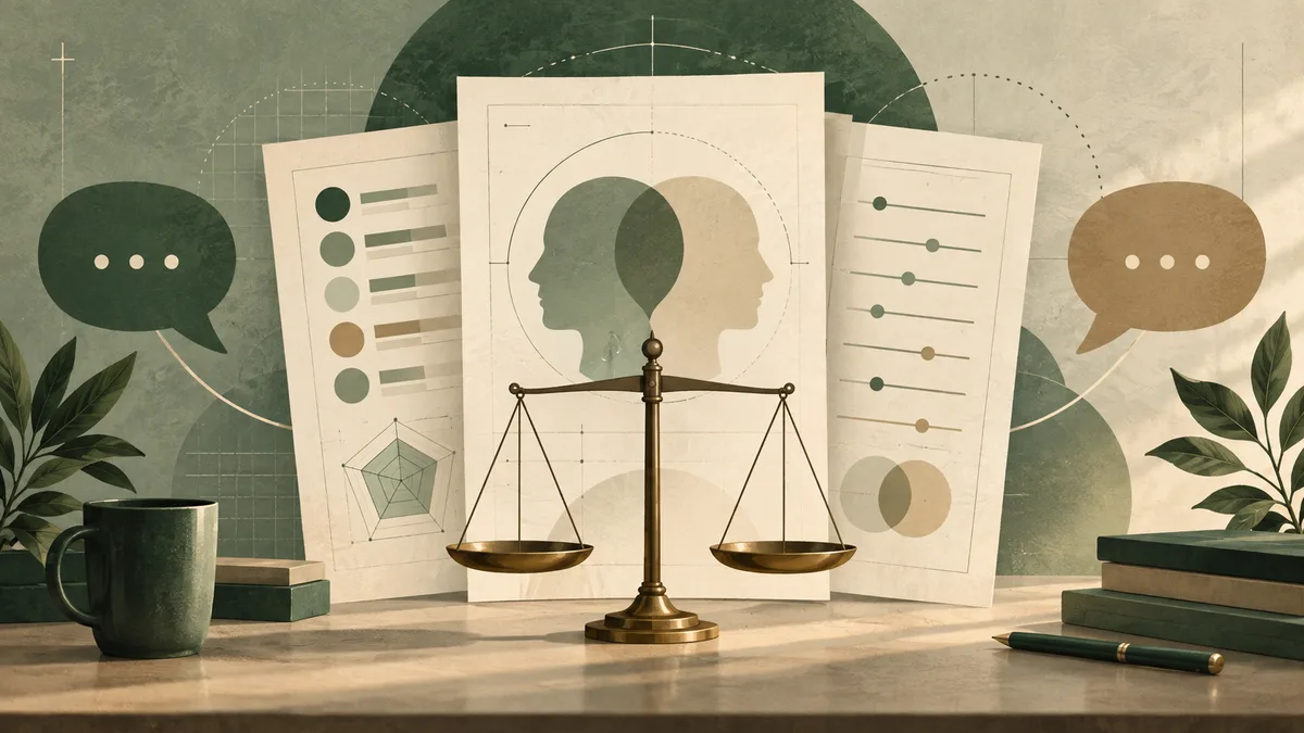 A balance scale stands before three abstract report pages with profile silhouettes, charts, and speech bubbles; plants, books, and a mug sit on the table around it.
