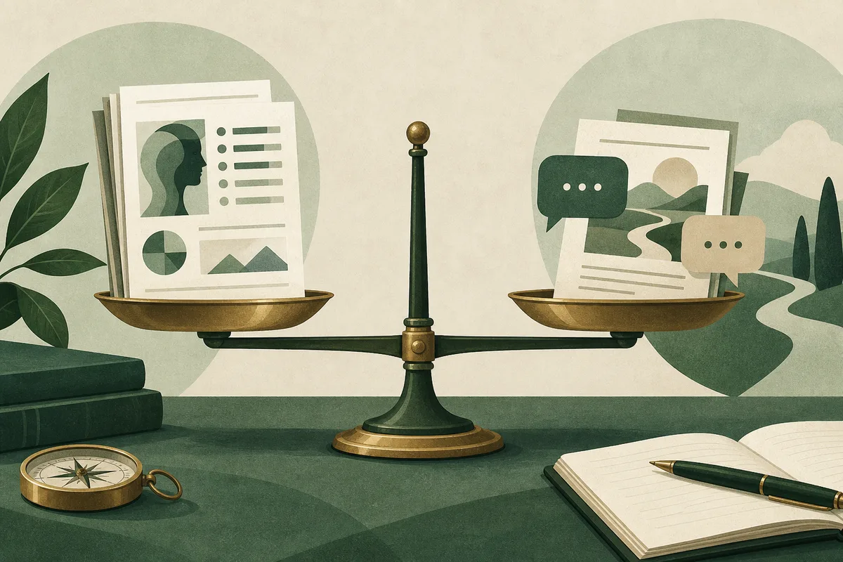 A balance scale holds an illustrated report page on one side and a landscape page with speech bubbles on the other; books, a compass, and an open notebook surround it.