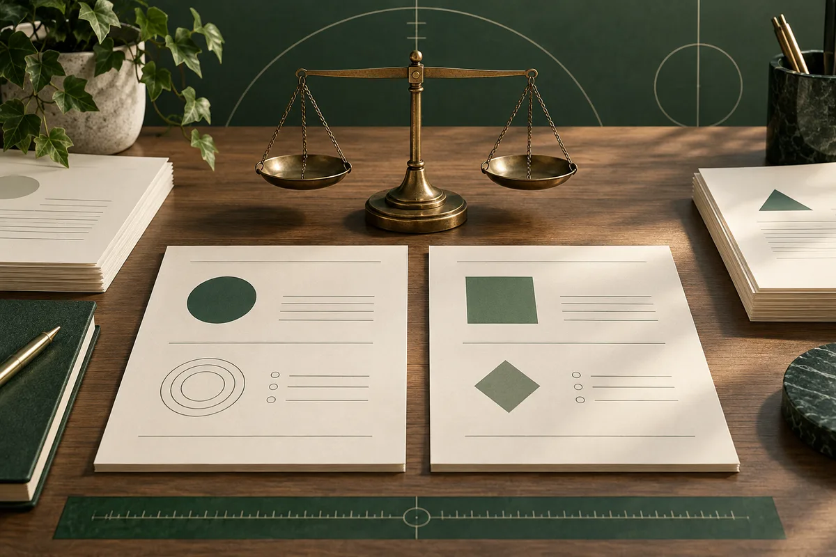 A brass balance scale stands above two abstract report pages with geometric shapes and lines on a wooden desk, beside stacked papers, books, a plant, and a ruler.