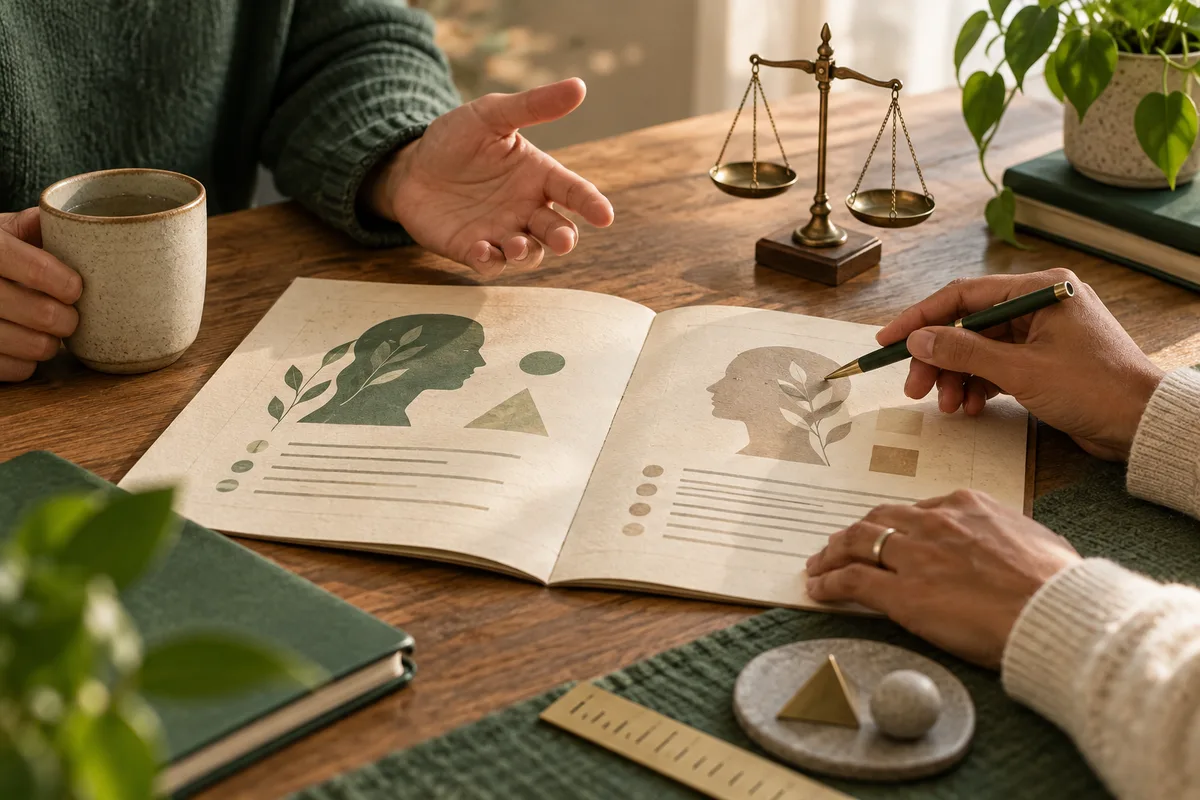 Two pairs of hands sit at a table with an open illustrated report; one hand gestures while another holds a pen, with a mug, balance scale, books, and plants nearby.